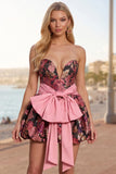 Black Pink Flower Jacquard Bubble Hem A-Line Homecoming Dress with Bow