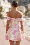 Pink Off the Shoulder Floral A-Line Short Homecoming Dress