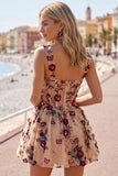 Champagne Sequins 3D Appliques Tulle Corset A-Line Short Homecoming Dress with Pockets