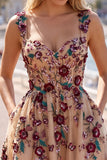 Champagne Sequins 3D Appliques Tulle Corset A-Line Short Homecoming Dress with Pockets