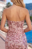 Sparkly Pink Corset Sequins Bodycon Strapless Short Homecoming Dress