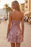 Blush Sequins A-Line Floral Strapless Short Homecoming Dress
