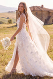 White A-Line Scoop 3D Flower Maxi Corset Elopement Wedding Dress with Side Slit