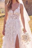 White A-Line Scoop 3D Flower Maxi Corset Elopement Wedding Dress with Side Slit