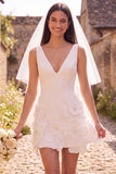 White Sheath V-Neck 3D Flower Short Elopement Wedding Dress
