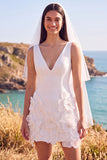 White Sheath V-Neck 3D Flower Short Elopement Wedding Dress