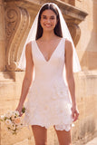 White Sheath V-Neck 3D Flower Short Elopement Wedding Dress