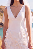 White Sheath V-Neck 3D Flower Short Elopement Wedding Dress