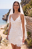 White Sheath V-Neck Mini Elopement Wedding Dress with 3D Flower