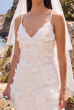 White Sheath V-Neck Mini Elopement Wedding Dress with 3D Flower