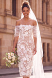 White Sheath Off the Shoulder Floral Midi Elopement Wedding Dress