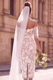 White Sheath Off the Shoulder Floral Midi Elopement Wedding Dress