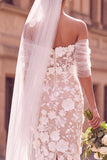 White Sheath Off the Shoulder Floral Midi Elopement Wedding Dress