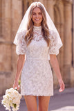White Sheath High Neck Puff Sleeves Floral Mini Elopement Wedding Dress