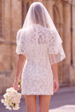 White Sheath High Neck Puff Sleeves Floral Mini Elopement Wedding Dress