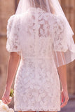 White Sheath High Neck Puff Sleeves Floral Mini Elopement Wedding Dress