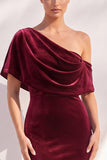 Burgundy Mermaid Ruched One Shoulder Asymmetrical Long Formal Dress
