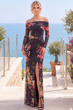 Pink Red Flower Strapless Sheath Floral Ruched Formal Dress with Slit