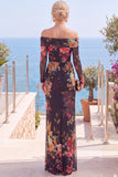 Pink Red Flower Strapless Sheath Floral Ruched Formal Dress with Slit