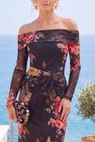 Pink Red Flower Strapless Sheath Floral Ruched Formal Dress with Slit