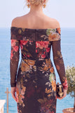 Pink Red Flower Strapless Sheath Floral Ruched Formal Dress with Slit