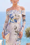 Pink Red Flower Strapless Sheath Floral Ruched Formal Dress with Slit
