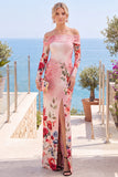 Pink Red Flower Strapless Sheath Floral Ruched Formal Dress with Slit
