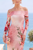 Pink Red Flower Strapless Sheath Floral Ruched Formal Dress with Slit