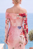 Pink Red Flower Strapless Sheath Floral Ruched Formal Dress with Slit