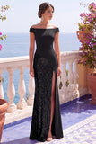 Champagne Sequins Mermaid Cap Sleeves Long Formal Dress with Slit