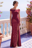 Champagne Sequins Mermaid Cap Sleeves Long Formal Dress with Slit