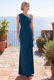 Peacock Blue Ruched Sheath One Shoulder Long Formal Dress