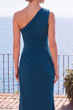 Peacock Blue Ruched Sheath One Shoulder Long Formal Dress