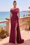 Navy Asymmetrical Ruched Mermaid Long Formal Dress with Side Streamer