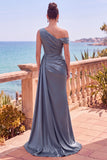 Navy Asymmetrical Ruched Mermaid Long Formal Dress with Side Streamer