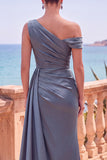 Navy Asymmetrical Ruched Mermaid Long Formal Dress with Side Streamer