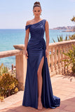 Navy Asymmetrical Ruched Mermaid Long Formal Dress with Side Streamer