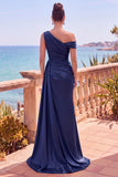 Navy Asymmetrical Ruched Mermaid Long Formal Dress with Side Streamer