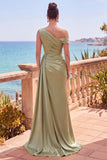 Navy Asymmetrical Ruched Mermaid Long Formal Dress with Side Streamer