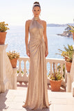 Champagne Halter Sheath Ruched Long Formal Dress with Train