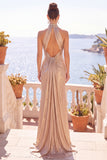 Champagne Halter Sheath Ruched Long Formal Dress with Train