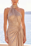 Champagne Halter Sheath Ruched Long Formal Dress with Train