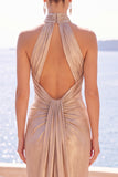 Champagne Halter Sheath Ruched Long Formal Dress with Train