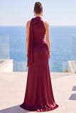 Burgundy High Neck Sheath Ruched Long Formal Dress with Bow