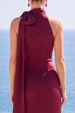 Burgundy High Neck Sheath Ruched Long Formal Dress with Bow