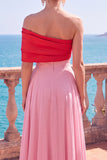 Simple Pink And Red Asymmetrical A-Line Ruched Long Formal Dress