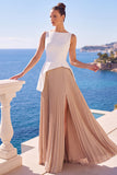 White And Champagne Pleated A-Line Bateau Neck Long Formal Dress