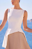 White And Champagne Pleated A-Line Bateau Neck Long Formal Dress