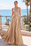 Champagne Metallic A-Line Satin Halter Ruched Backless Long Formal Dress