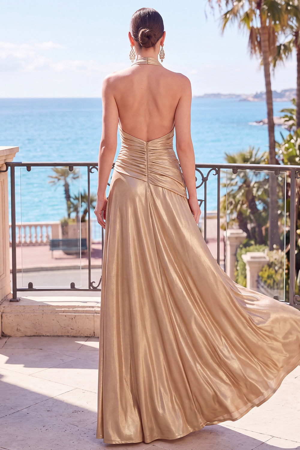 Champagne Metallic A-Line Satin Halter Ruched Backless Long Formal Dress